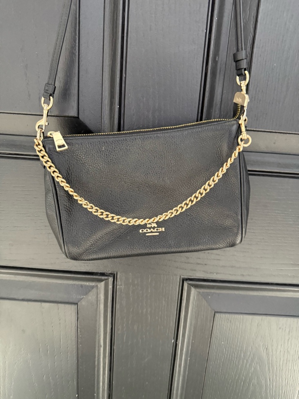Coach Black Pebbled Leather Crossbody with Gold Chain Accent